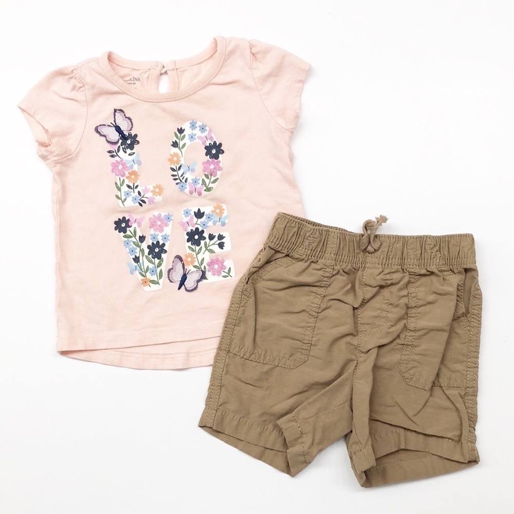 Toughskins floral LOVE shirt + Jumping Beans tan short baby girl outfit